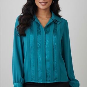Vtg Sellecca Teal Blue Pleated Blouse Satin Floral Panel Dress Shirt Size 12